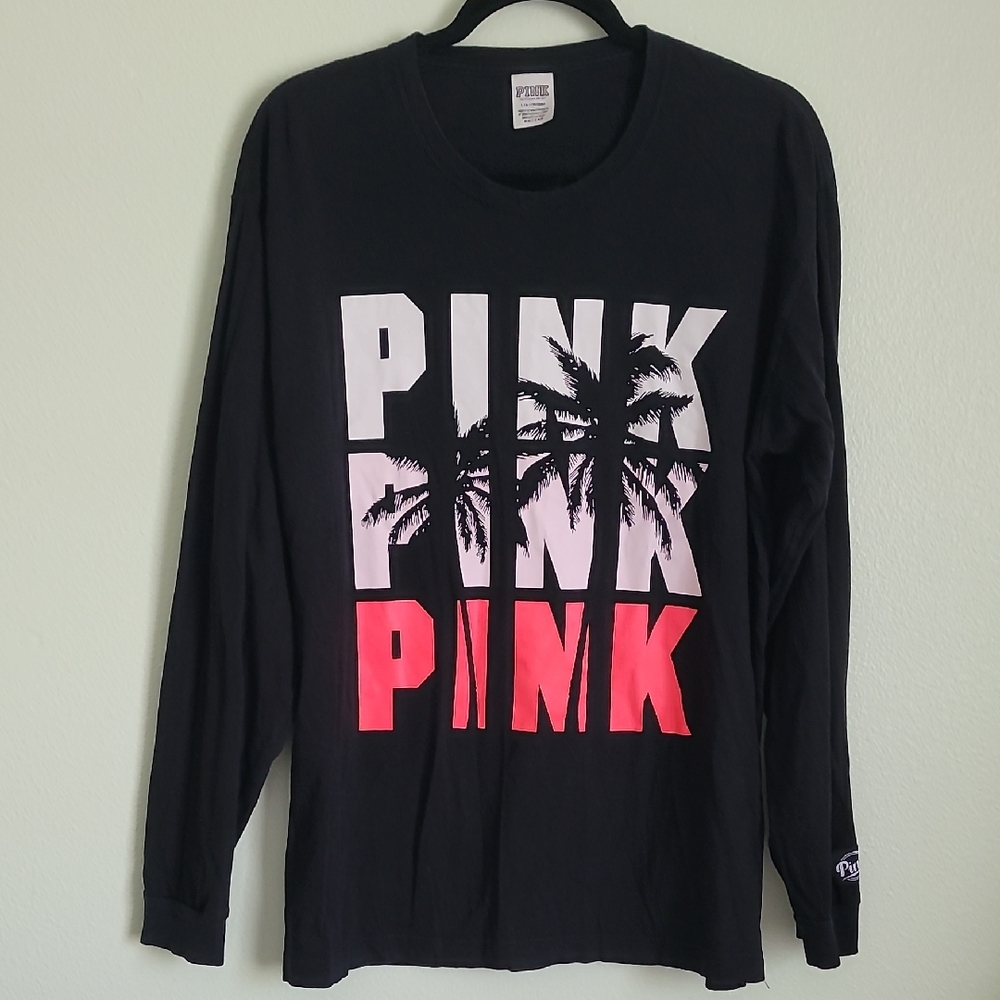 PINK Victoria's Secret Black Long Sleeve with Pink Palm Graphic